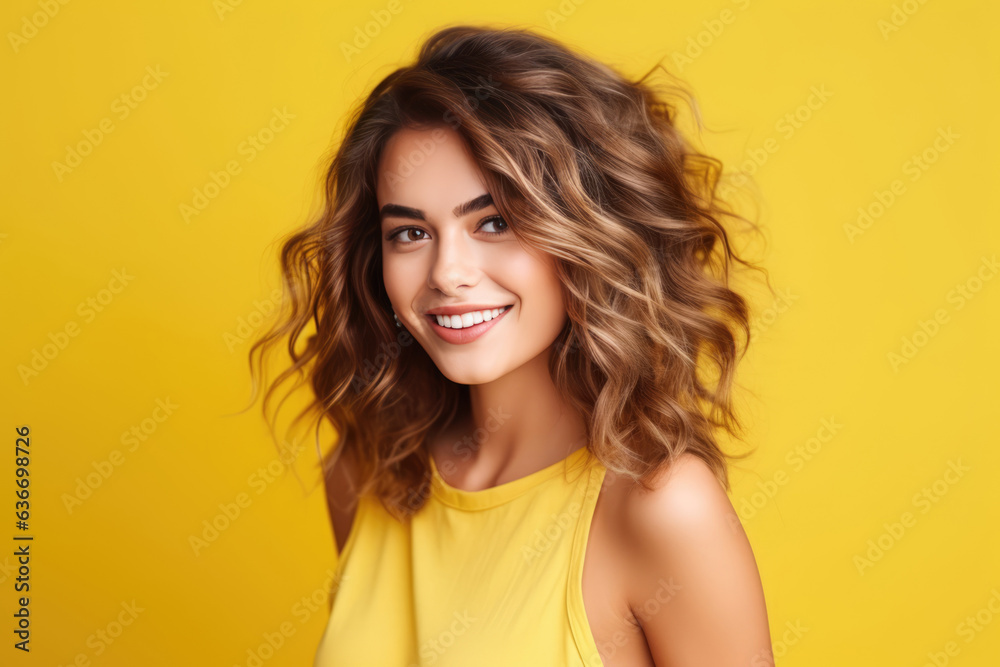 Beautiful Young Happy Italian Woman On Yellow Background