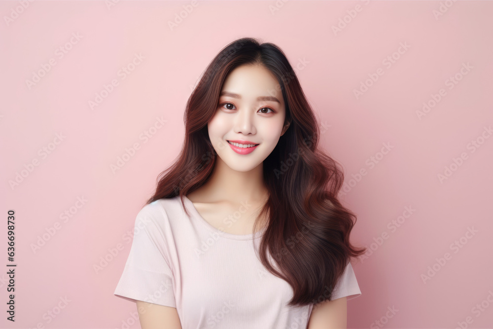 Beautiful Young Happy Korean Woman On Pink Background Beautiful Young Happy Korean Woman On Pink Background