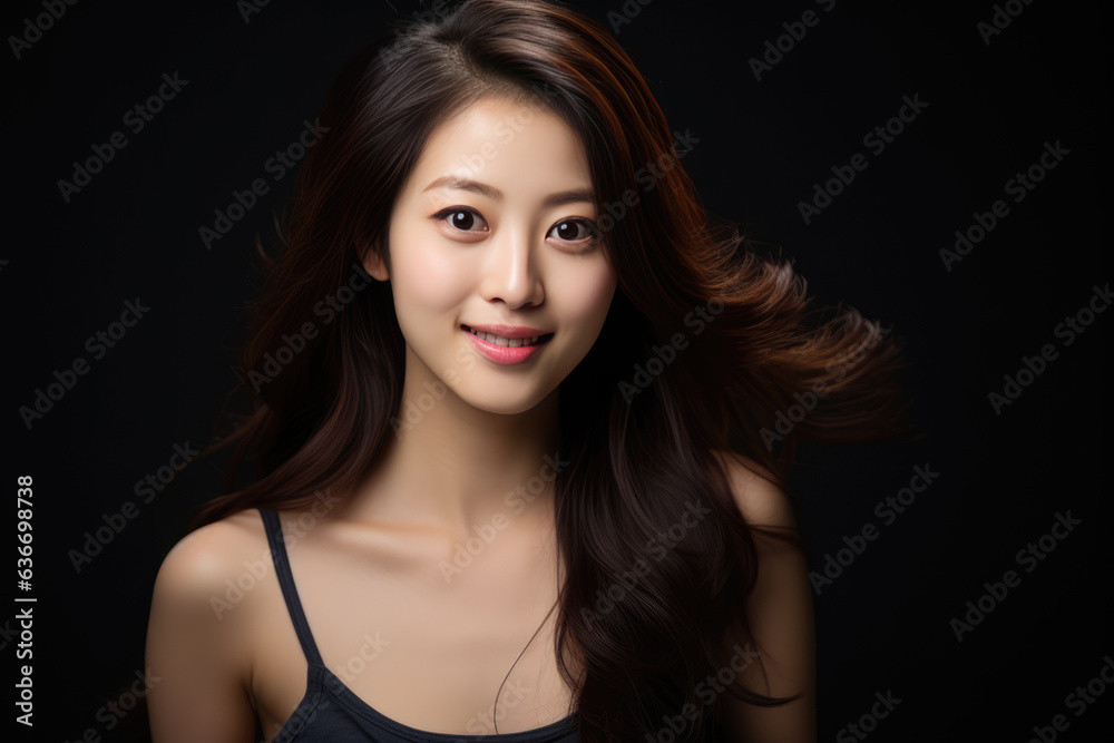 Beautiful Young Happy Korean Woman On Black Background Beautiful Young Happy Korean Woman On Black Background