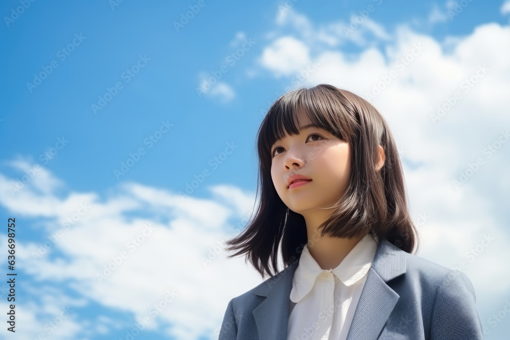 Beautiful Young Japanese Girl In School Uniform Against The Sky Beautiful Young Japanese Girl In School Uniform Against The Sky