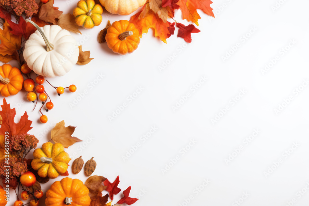 Fototapeta premium Flat Layout Of Dried Leaves, Pumpkins, And Flowers On White Thanksgiving Day