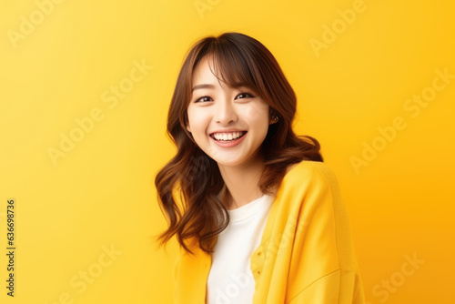 Beautiful Young Happy Japanese Woman On Yellow Background