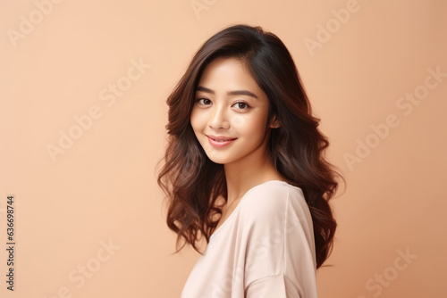 Beautiful Young Happy Thai Woman On Beige Background