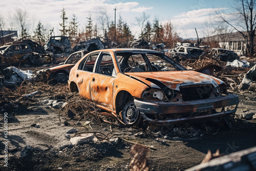 A Burnt Out Car In A Junk Yard