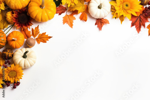 Stampa su tela Flat Layout Of Dried Leaves, Pumpkins, And Flowers On White Thanksgiving Day