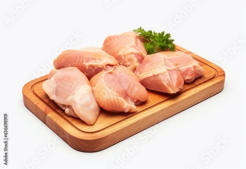 Raw meat chicken on wooden plate white background