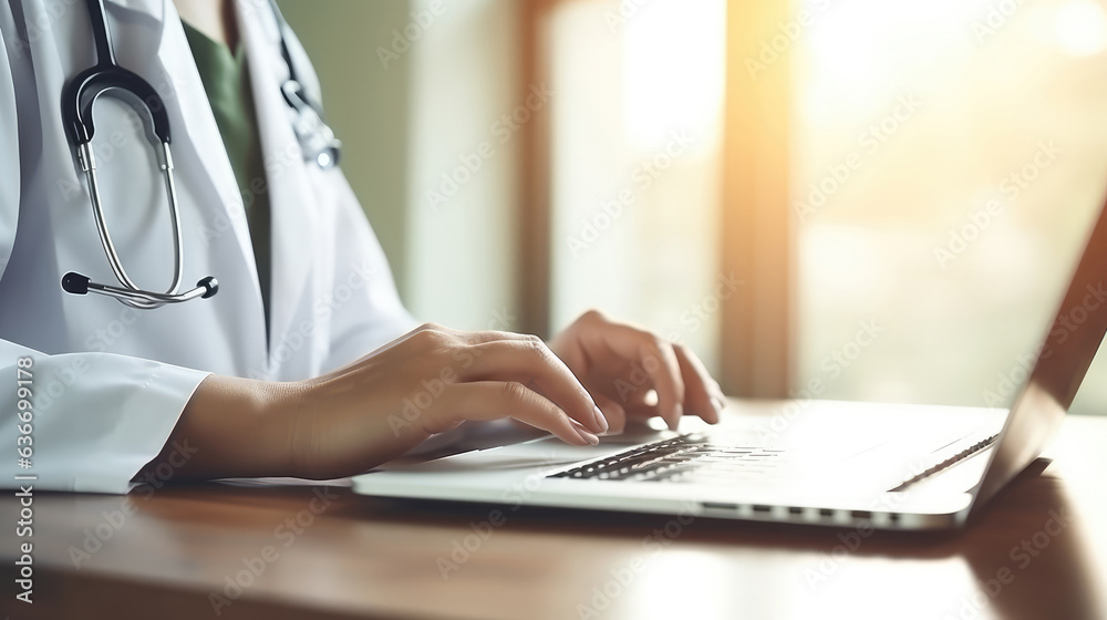 Close up of female doctor hands typing on laptop computer. Medical and healthcare concept. Close up of female doctor hands typing on laptop computer. Medical and healthcare concept.