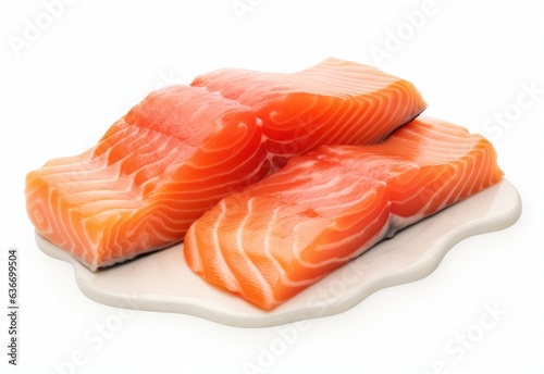 raw salmon meat on white background, wooden plate very healthy