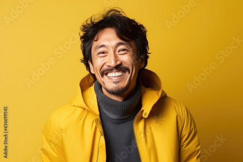 Happy Japanese Man On Yellow Background © Anastasiia