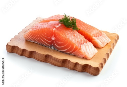 raw salmon meat on white background, wooden plate very healthy
