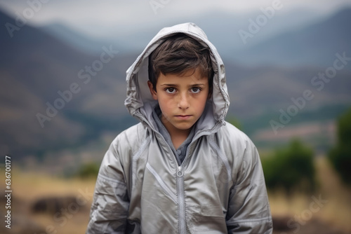 Sadness Arab Boy In Gray Jacket On Nature Landscape Background © Anastasiia