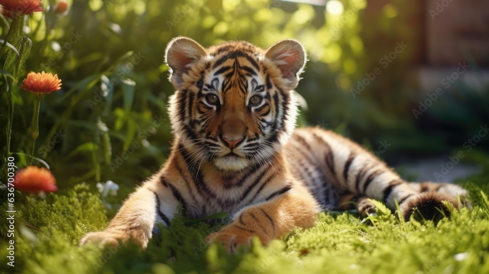 Obraz premium Young tiger in the garden, cute animal