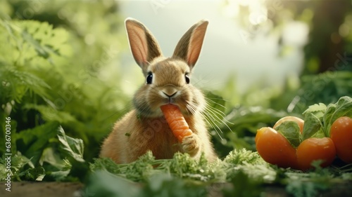 Rabbit on garden eating carrot, cute rabbit  © MAXXIMA Graphica