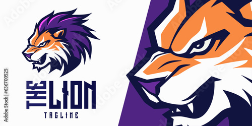 Fototapeta Naklejka Na Ścianę i Meble -  Modern Lion Logo Mascot with Purple Tons: Captivate Audiences in Design, Icon, and Sport