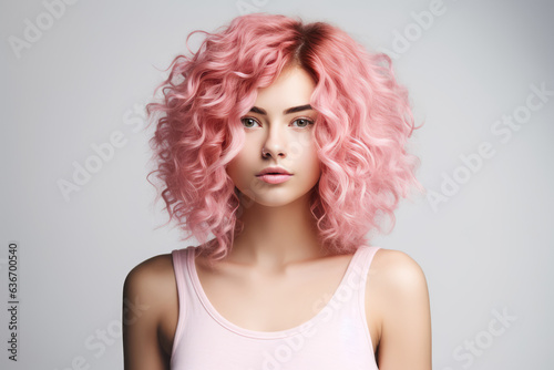 Woman With Pink Short Curly Long Hair On White Background