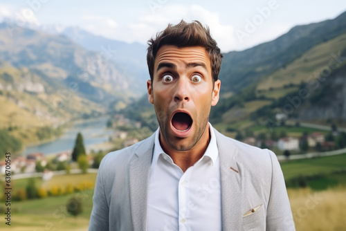 Surprise European Man In White Blouse On Mountain Scenery Background photo