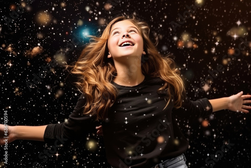 Surprise European Girl In Black Jeans On Galaxy Stars Background