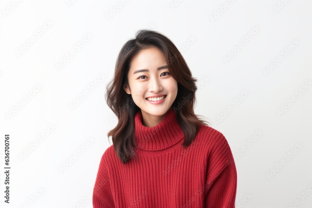 Medium shot portrait of a Chinese woman in her 20s in a white background wearing a cozy sweater Medium shot portrait of a Chinese woman in her 20s in a white background wearing a cozy sweater