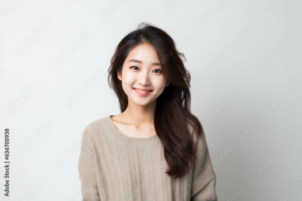 Medium shot portrait of a Chinese woman in her 20s in a white background wearing a chic cardigan