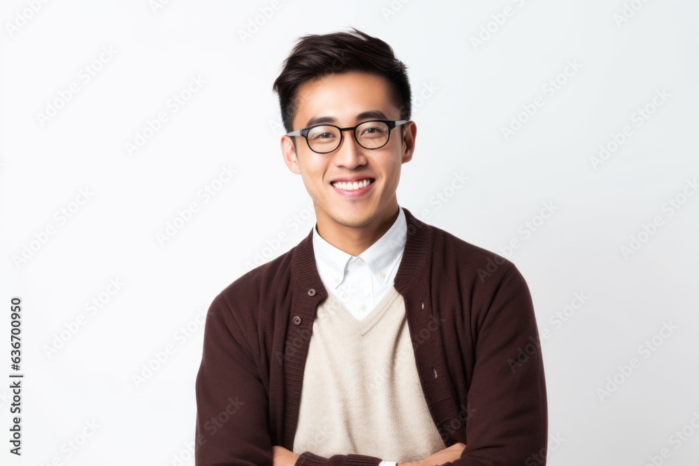 Medium shot portrait of a Chinese man in his 20s in a white background wearing a chic cardigan Medium shot portrait of a Chinese man in his 20s in a white background wearing a chic cardigan