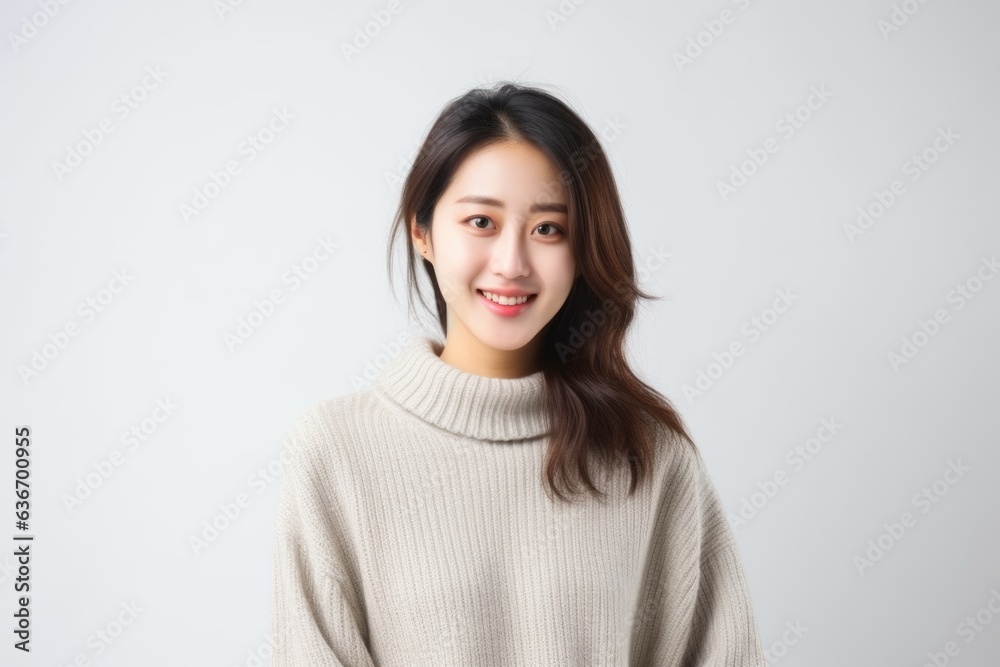 Medium shot portrait of a Chinese woman in her 20s in a white background wearing a cozy sweater Medium shot portrait of a Chinese woman in her 20s in a white background wearing a cozy sweater