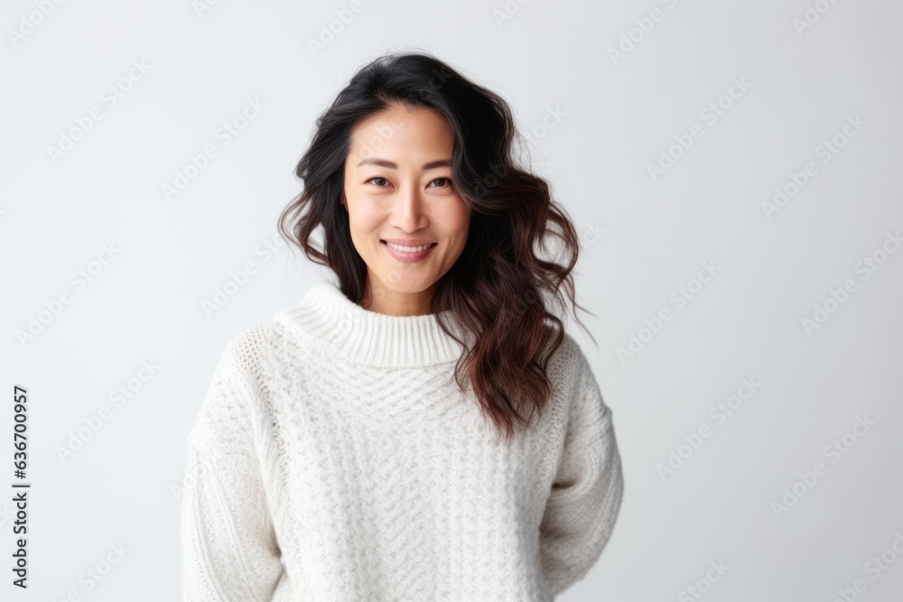 Medium shot portrait of a Chinese woman in her 30s in a white background wearing a cozy sweater Medium shot portrait of a Chinese woman in her 30s in a white background wearing a cozy sweater
