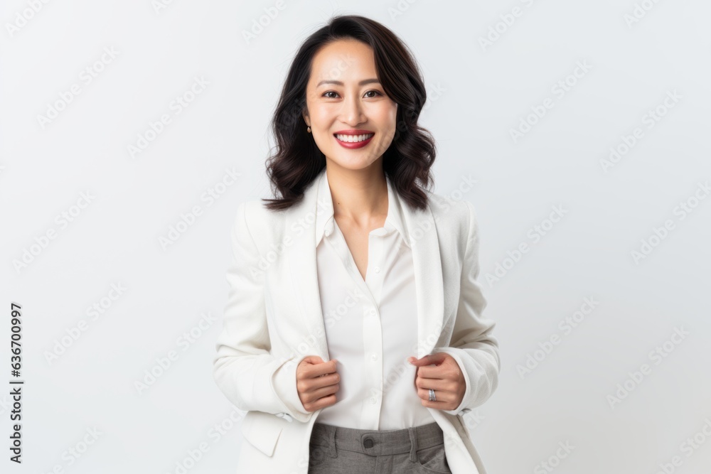 Medium shot portrait of a Chinese woman in her 30s in a white background wearing a chic cardigan Medium shot portrait of a Chinese woman in her 30s in a white background wearing a chic cardigan