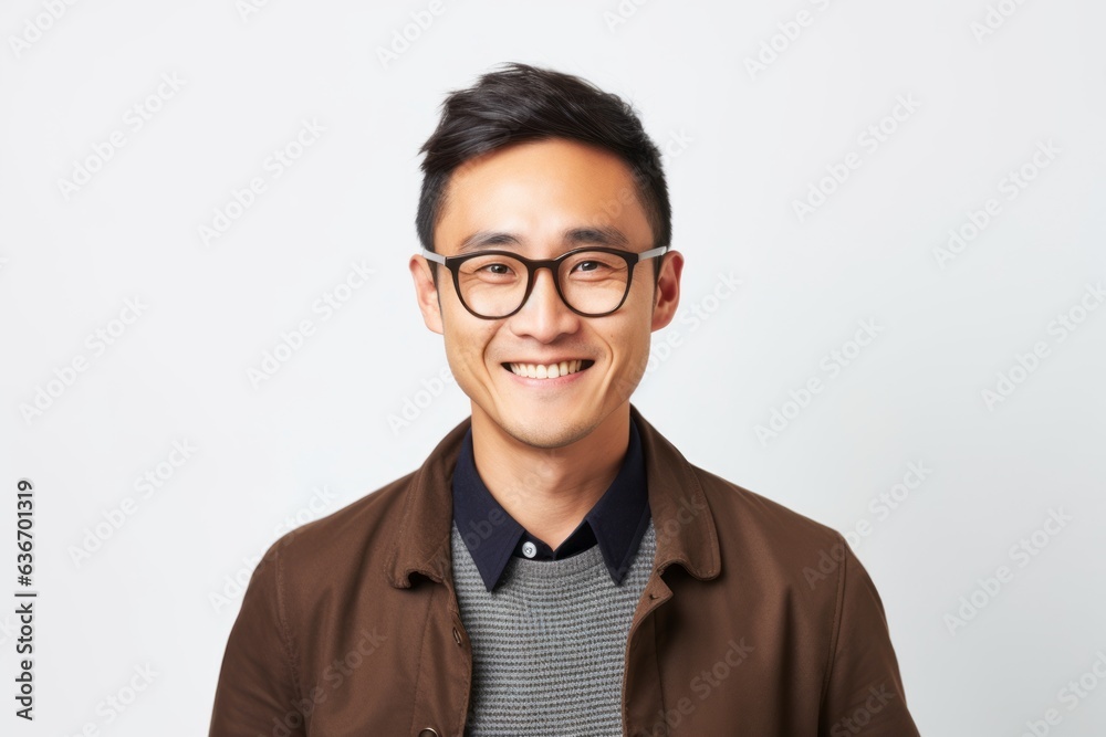 Lifestyle portrait of a Chinese man in his 30s in a white background wearing a chic cardigan