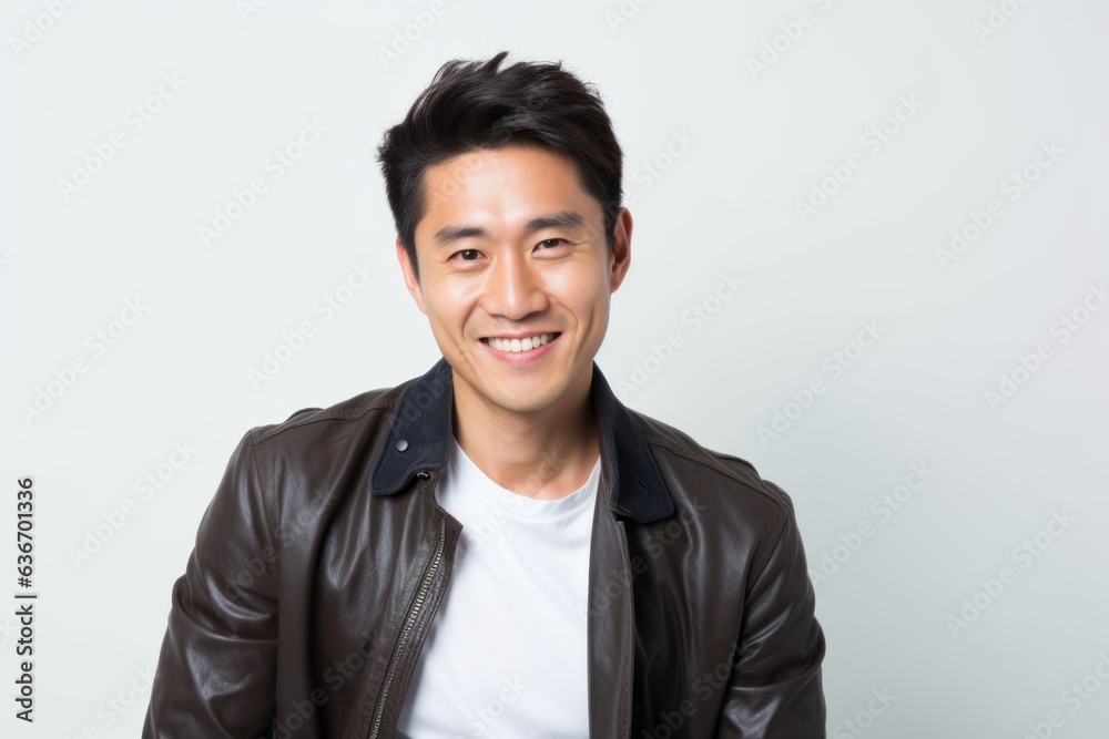 Lifestyle portrait of a Chinese man in his 30s in a white background wearing a chic cardigan Lifestyle portrait of a Chinese man in his 30s in a white background wearing a chic cardigan