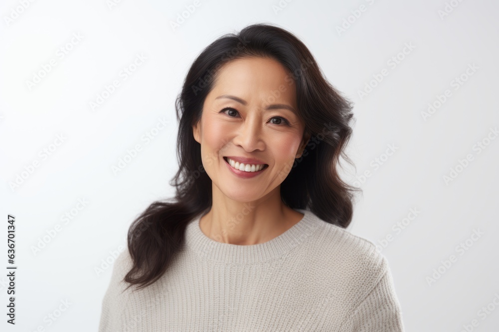 Medium shot portrait of a Chinese woman in her 40s in a white background wearing a cozy sweater Medium shot portrait of a Chinese woman in her 40s in a white background wearing a cozy sweater