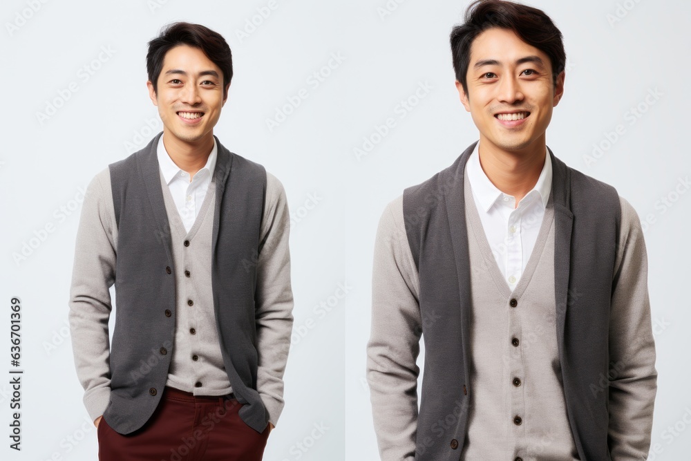 Lifestyle portrait collage of a Chinese man in his 30s in a white background wearing a chic cardigan
