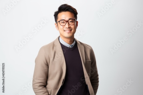 Lifestyle portrait of a Chinese man in his 30s in a white background wearing a chic cardigan