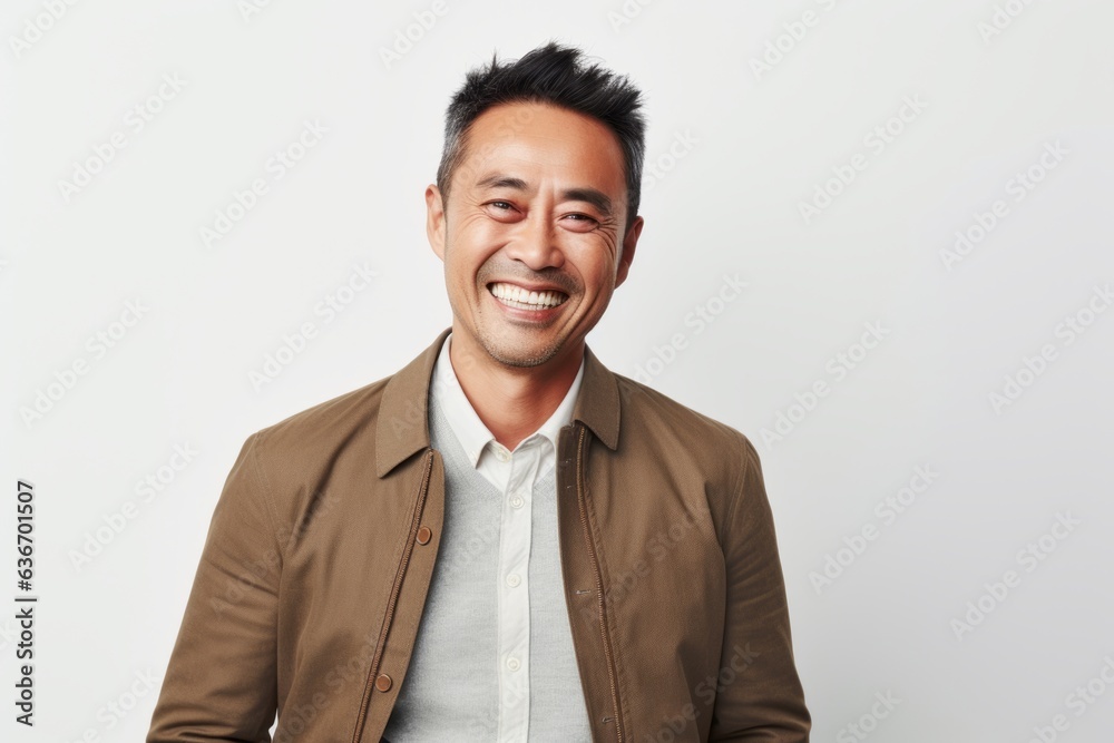 Medium shot portrait of a Chinese man in his 40s in a white background wearing a chic cardigan Medium shot portrait of a Chinese man in his 40s in a white background wearing a chic cardigan