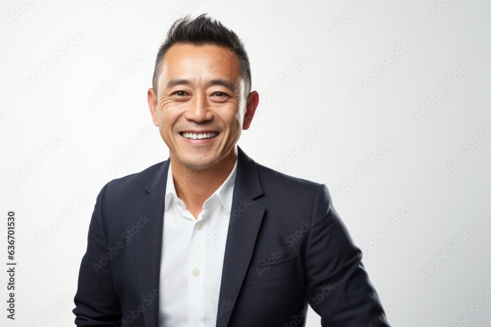 Medium shot portrait of a Chinese man in his 40s in a white background wearing a chic cardigan Medium shot portrait of a Chinese man in his 40s in a white background wearing a chic cardigan