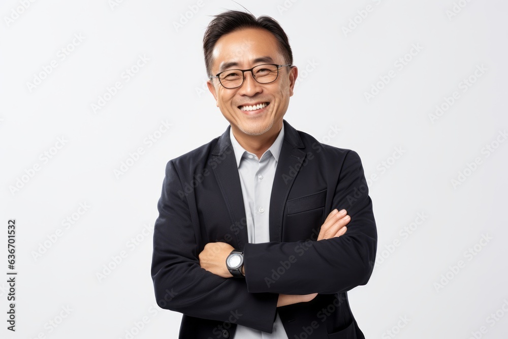 Medium shot portrait of a Chinese man in his 40s in a white background wearing a chic cardigan Medium shot portrait of a Chinese man in his 40s in a white background wearing a chic cardigan