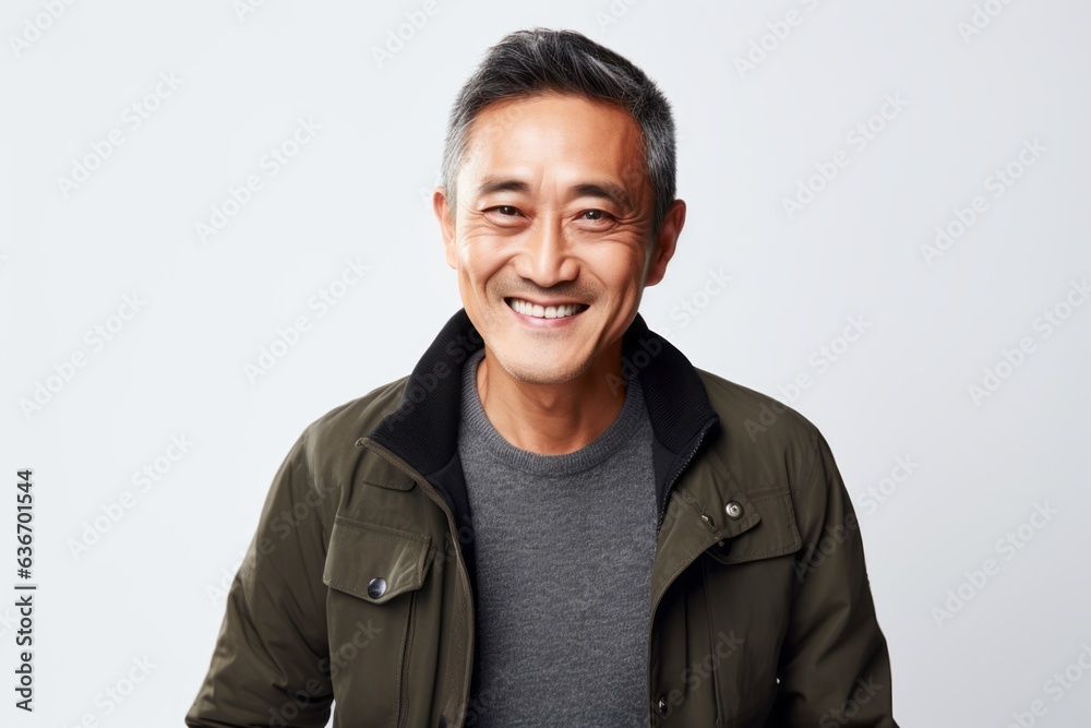 Medium shot portrait of a Chinese man in his 40s in a white background wearing a chic cardigan