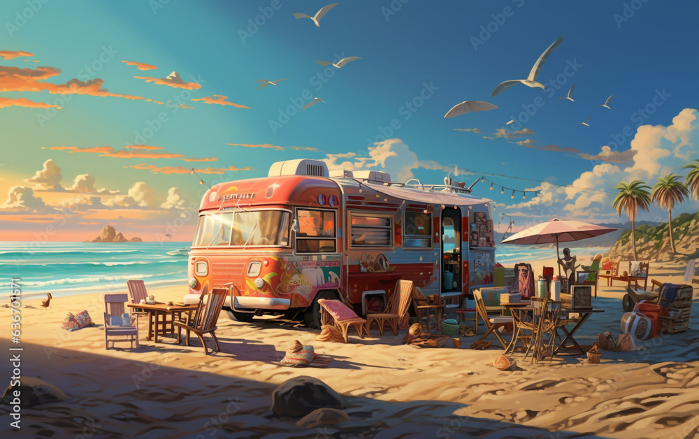 A food truck caravan on a tranquil beach, providing a delightful culinary experience by the ocean, 