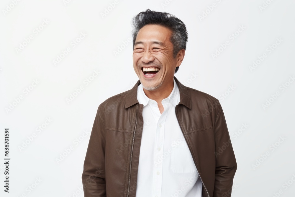 Lifestyle portrait of a Chinese man in his 40s in a white background wearing a chic cardigan Lifestyle portrait of a Chinese man in his 40s in a white background wearing a chic cardigan