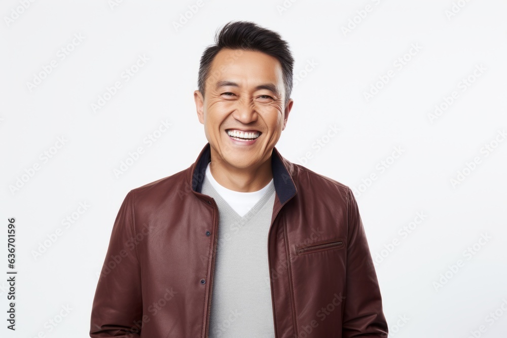 Lifestyle portrait of a Chinese man in his 40s in a white background wearing a chic cardigan Lifestyle portrait of a Chinese man in his 40s in a white background wearing a chic cardigan