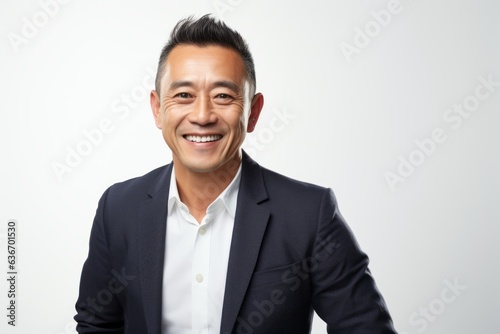 Medium shot portrait of a Chinese man in his 40s in a white background wearing a chic cardigan