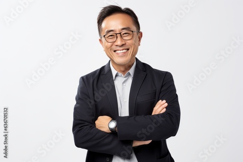 Medium shot portrait of a Chinese man in his 40s in a white background wearing a chic cardigan