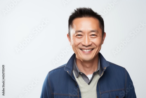 Medium shot portrait of a Chinese man in his 40s in a white background wearing a chic cardigan © Anne-Marie Albrecht