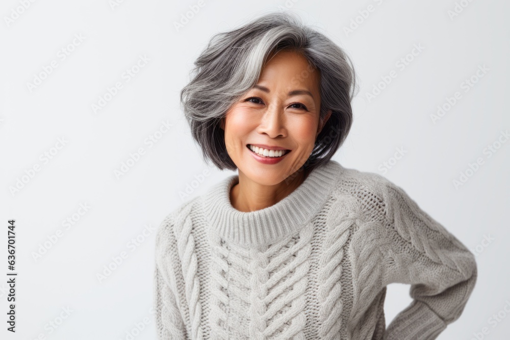 Lifestyle portrait of a Chinese woman in her 50s in a white background wearing a cozy sweater Lifestyle portrait of a Chinese woman in her 50s in a white background wearing a cozy sweater