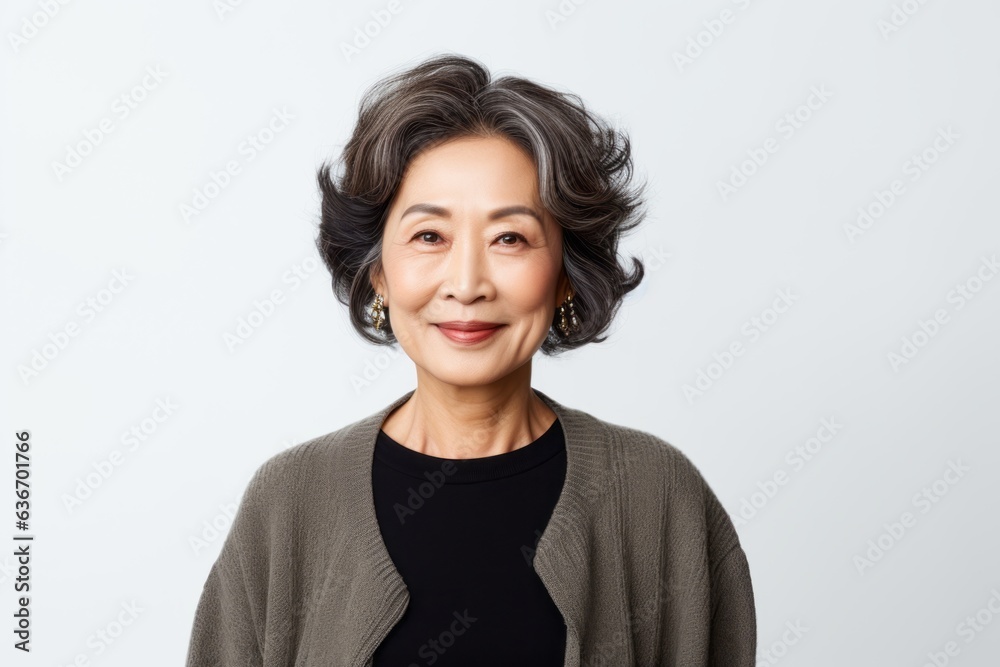 Medium shot portrait of a Chinese woman in her 50s in a white background wearing a chic cardigan Medium shot portrait of a Chinese woman in her 50s in a white background wearing a chic cardigan