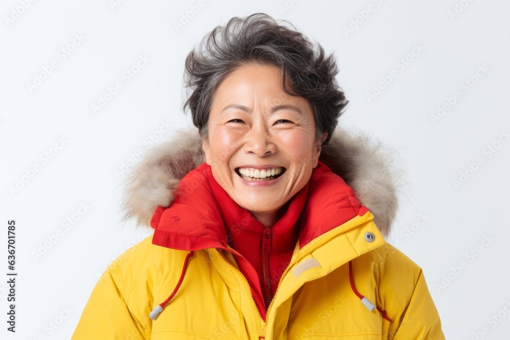 Medium shot portrait of a Chinese woman in her 50s in a white background wearing a warm parka Medium shot portrait of a Chinese woman in her 50s in a white background wearing a warm parka