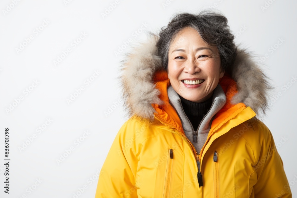 Lifestyle portrait of a Chinese woman in her 50s in a white background wearing a warm parka Lifestyle portrait of a Chinese woman in her 50s in a white background wearing a warm parka