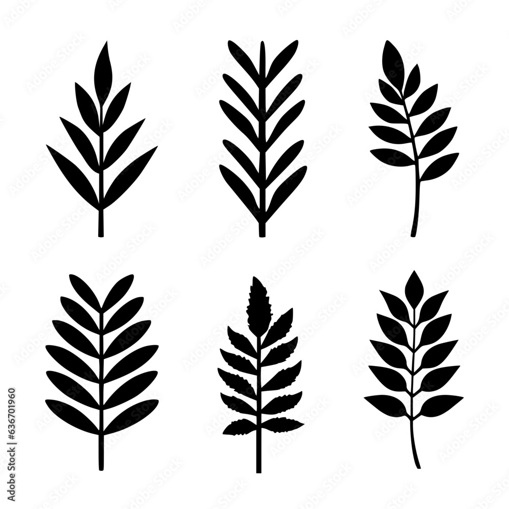 Set of 6 isolated fern silhouette vector illustrations