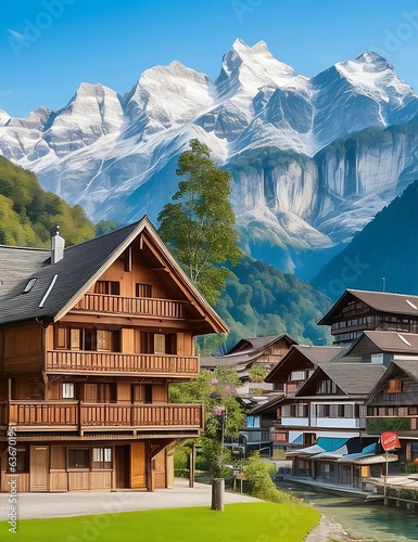 The small, picturesque town of Borneo in Switzerland has wooden houses lining the seafront and stunning views of the Alps. Generative AI © ovinder