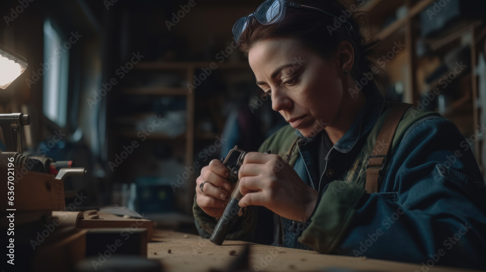 female woodworker holding a rechargeable screwdriver.