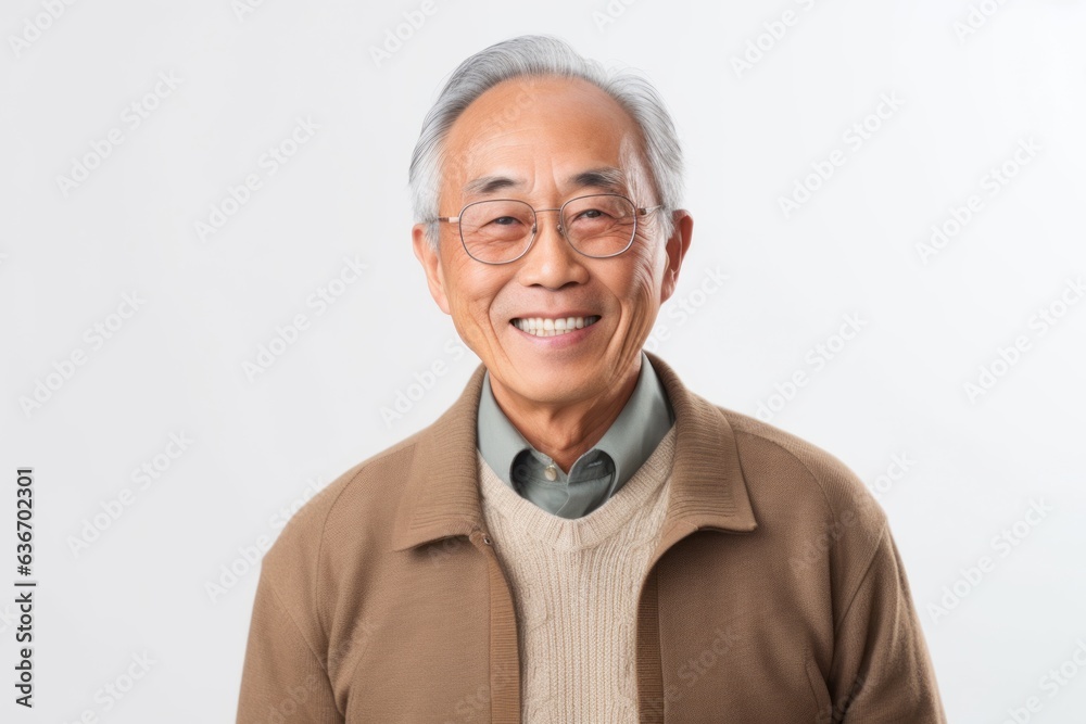 Medium shot portrait of a Chinese man in his 80s in a white background wearing a chic cardigan Medium shot portrait of a Chinese man in his 80s in a white background wearing a chic cardigan